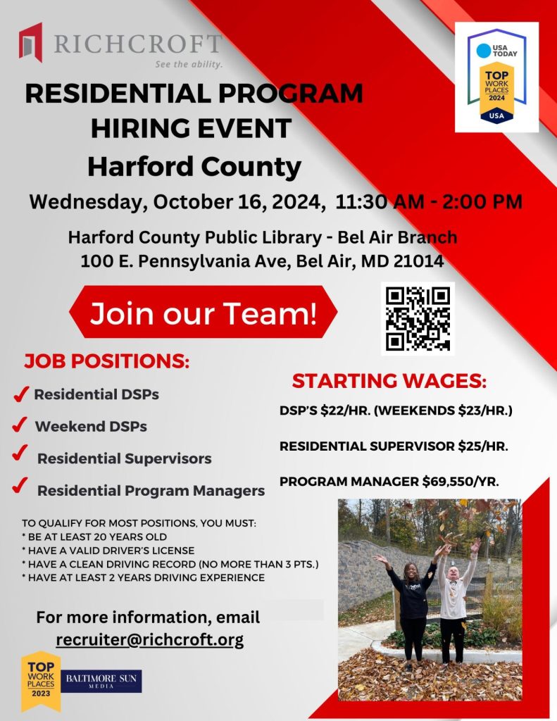 Flyer for Harford County Residential Hiring Event on 10.16.24